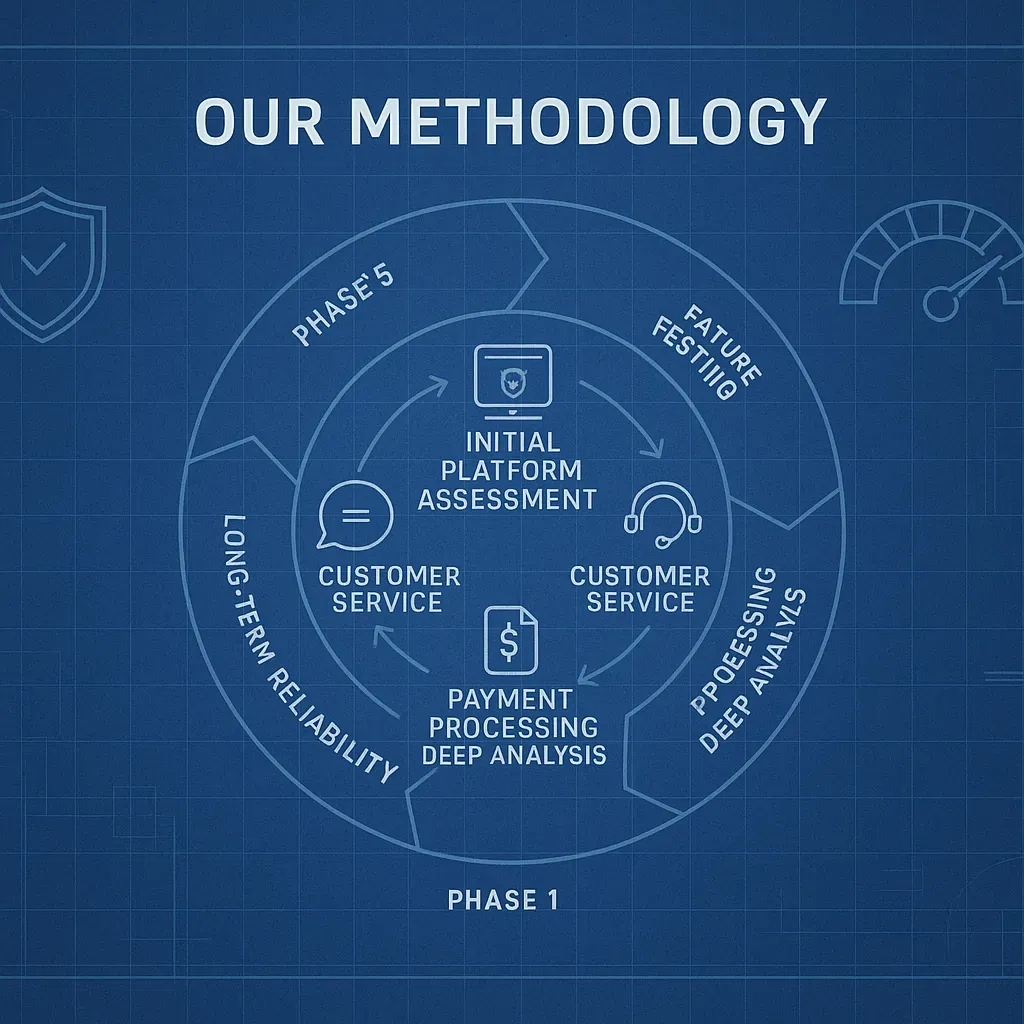 Circular blueprint-style infographic titled “Our Methodology,” depicting BestOdds’ five-phase testing framework with icons for platform assessment, feature testing, customer service, payment processing, and long-term reliability, encircled by a compliance shield and rating gauge on a technical grid background.