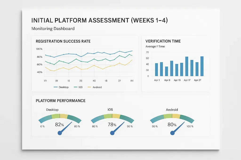 Monitoring dashboard showing registration success rates, average verification times, and performance gauges for desktop, iOS, and Android during Phase 1 testing.