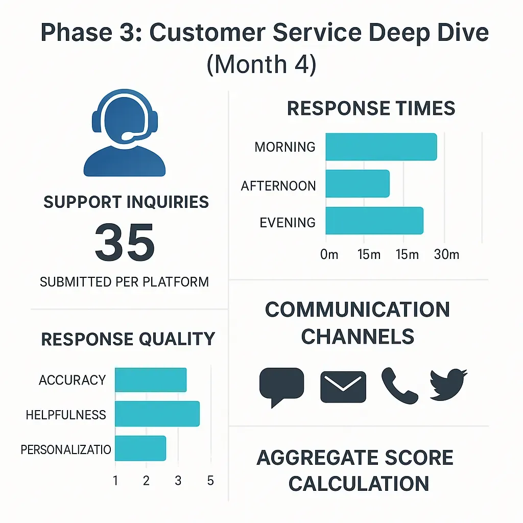 Customer-service KPI panel displaying total tickets opened, bar-chart response times by time of day, response-quality ratings, and icons for chat, email, phone, and social channels