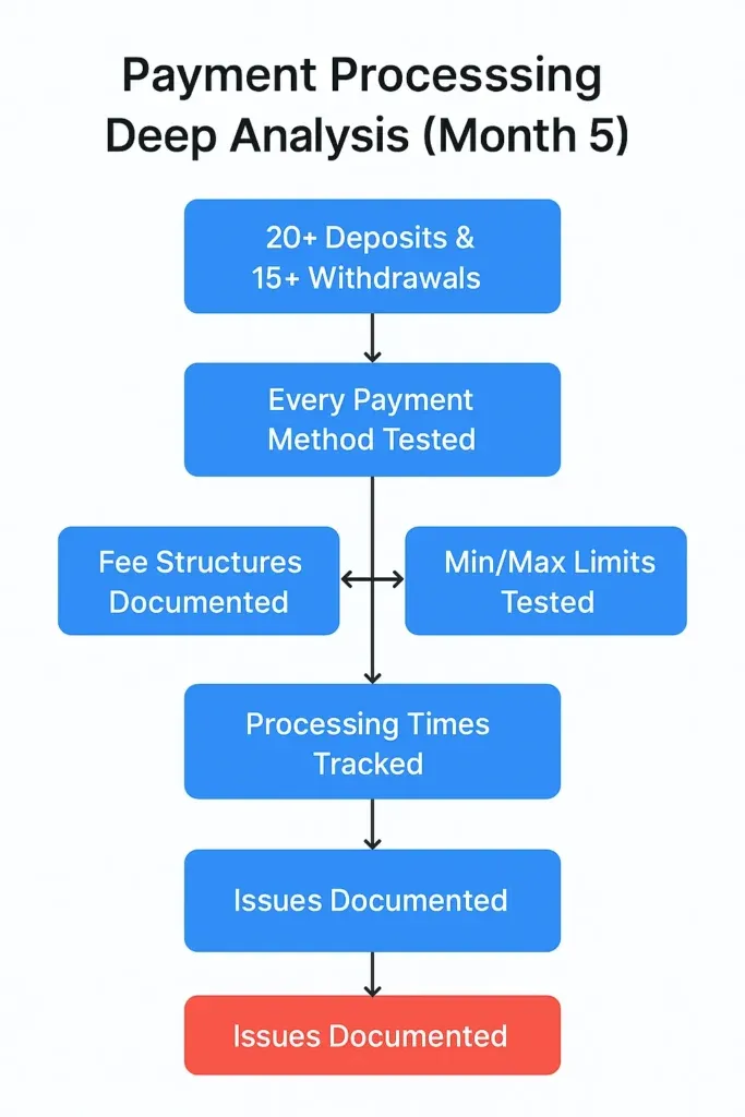Vertical flowchart illustrating the Month 5 payment-processing audit from deposits and withdrawals through fee-structure checks, processing-time tracking, and issue documentation