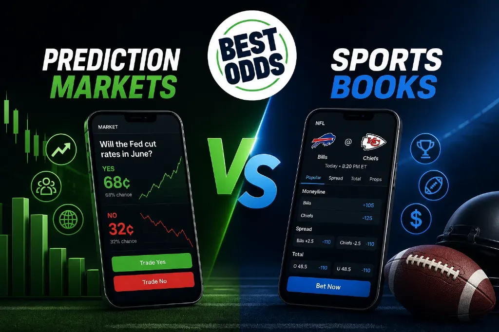 Prediction Markets vs Sportsbooks - Banner with mobile apps