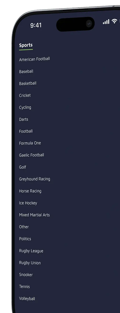 All sports list on the app