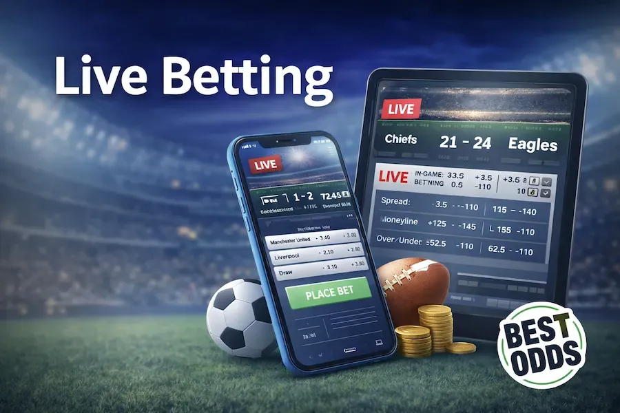 Live Betting - Banner with sports betting screens.